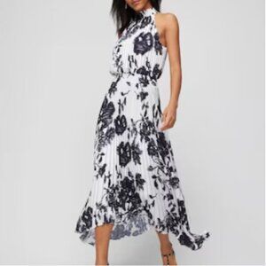 *NWT* WHBM Pansy Sketch Black & Ecru Sleeveless Halter Pleated Midi Dress Sz 4P